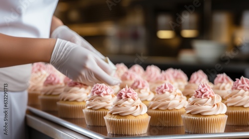 Stock image Pastry chef piping cream onto cupcakes. . . allow copy space, social media banner, bright palette, farmcore, barbiecore