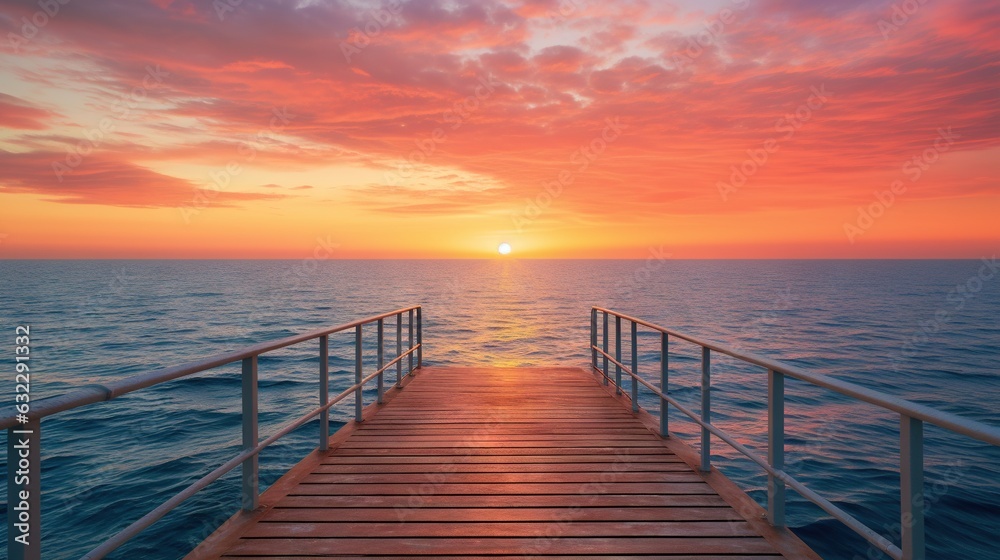  a wooden dock extending into the ocean at sunset with the sun in the distance.  generative ai