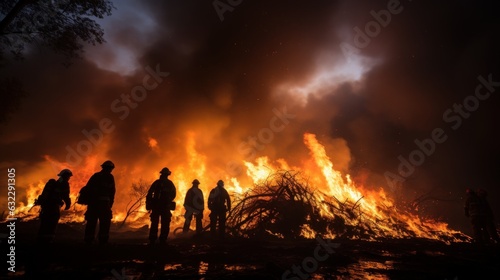 Silhouette of Firemen fighting a raging fire with huge flames of burning timber © Dushan