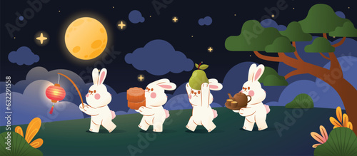 Rabbits Parade in Mid Autumn Festival Carry Festival Objects, Vector, Illustration
