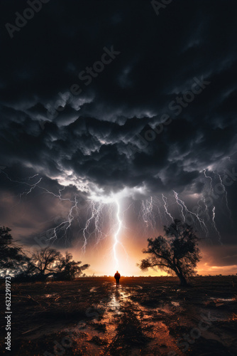Lightning from an apocalyptic storm falling on a man