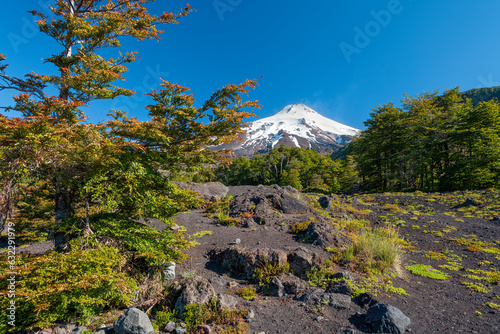 View of the summit of the villarrica volcano from the villarica national park in the araucania region of chile photo