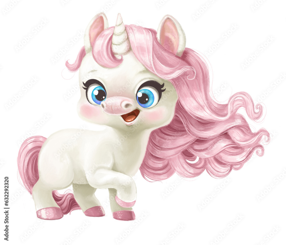 Cute cartoon baby Unicorn with pink mane and hoofs Cute cartoon baby Unicorn with pink mane and hoofs