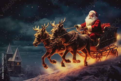 Der Weihnachtsmann reitet auf seinen Schlitten über den Wolken, Rentiere ziehen den Schlitten, Santa Claus riding his sleigh above the clouds, reindeer pulling the sleigh