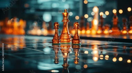 Mystery and magical minimal chess theme scene for marketing background with deep orange color and a little touch of ice blue colors, dark theme photo