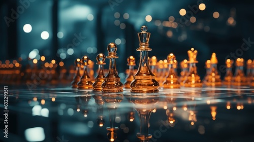 Mystery and magical minimal chess theme scene for marketing background with deep orange color and a little touch of ice blue colors, dark theme