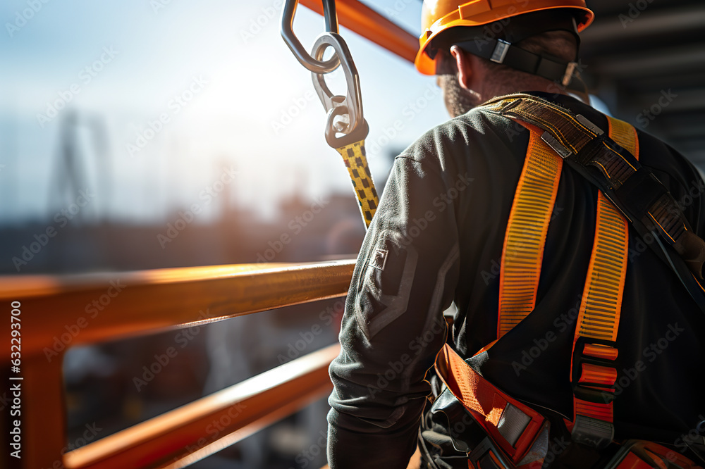 Construction Worker Ensuring Safety Wearing Safety Harness and Safety ...