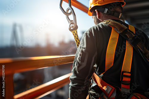 Construction Worker Ensuring Safety Wearing Safety Harness and Safety Line in High-Risk Environment. created with Generative AI