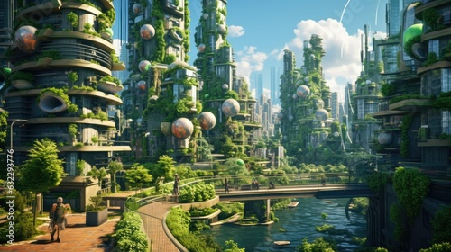 Illustration of a of a futuristic city in the middle of the forest, Sustainable urban design featuring eco friendly elements, ai generated