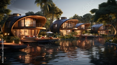 Floating ecovillage concept, designed for the serene backwaters of Kerala, India ::2.5 , bamboo structures, solar sails, rainwater collectors, photorealistic, gentle morning light, wideangle view,