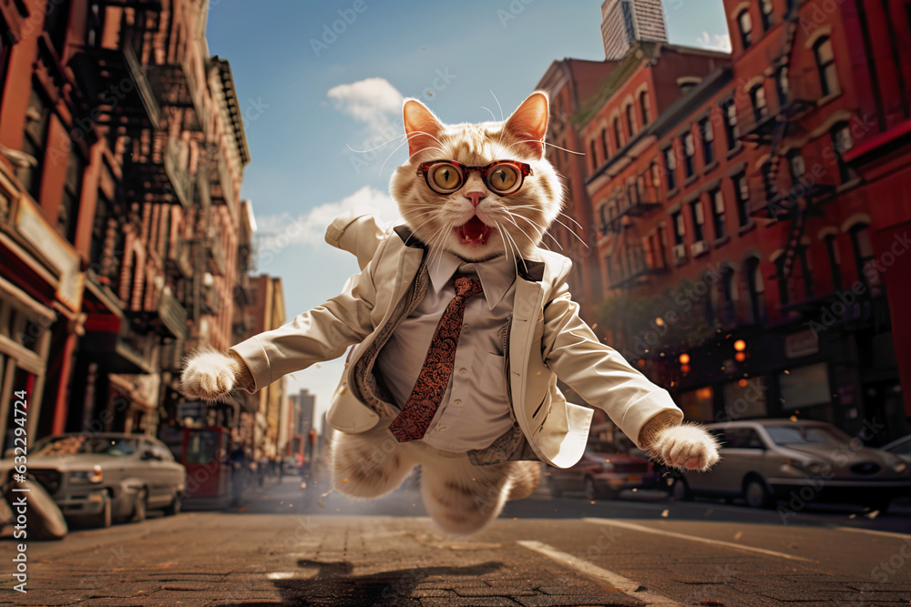 Illustration of anthropomorphic cat shocked on the street in a jump