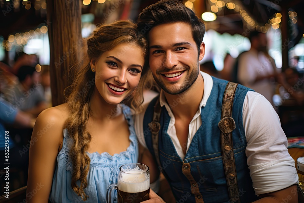 Portrait of couple drinking and holding beers at Oktoberfest Portrait of couple drinking and holding beers at Oktoberfest