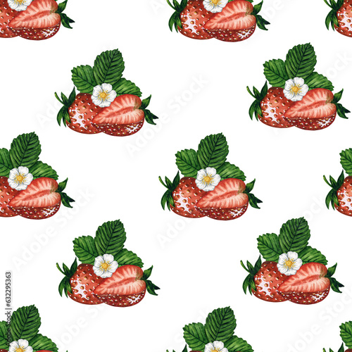 Fototapeta Naklejka Na Ścianę i Meble -  Seamless pattern with fresh and juicy strawberries isolated on white background, hand drawn watercolor illustration. Ideal for background, fabric and textile, postcard, packaging, scrapbooking.