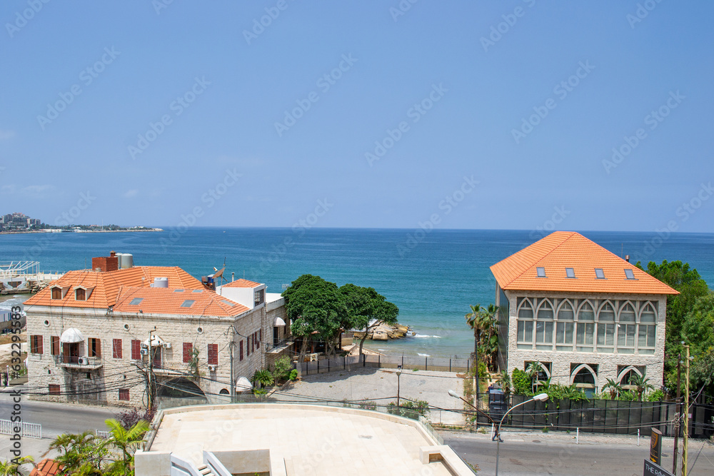 Obraz premium lebanon Jounieh Beirut cityscape coast landscape high up sky clouds mounatins mediterranean sea