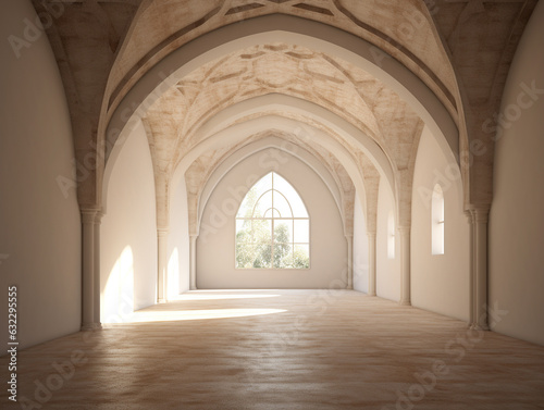 long corridor with big windows, arches . Generative AI © Bouchra