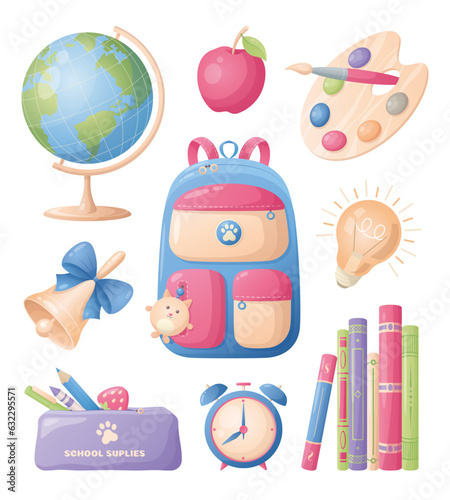 A set of school supplies. Vector illustrations of school bag, stationery, books, globe, bulb, palette, alarm, bell with bow and apple on isolated background. Study, education theme. 
