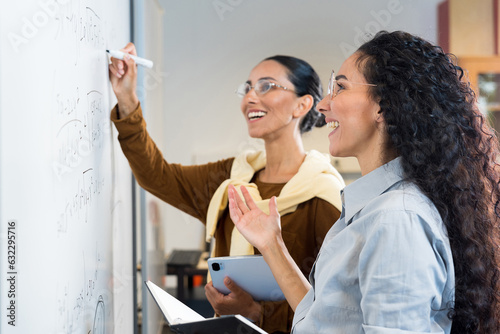 Business and people concept - two happy businesswoman with marker writing sticky notes on board at office. Oriental women with curly hair smile and rejoice at the successful of the project.