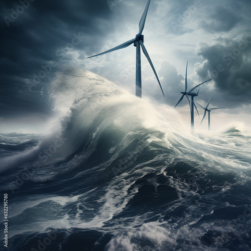 Electricity power generation turbines at sea in stormy dramatic windy weather