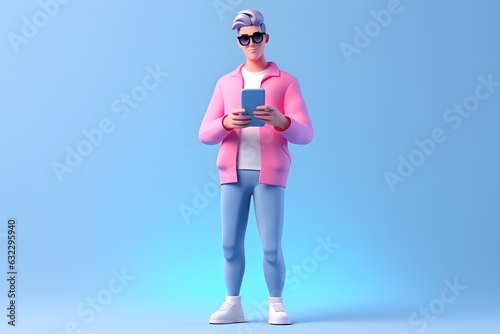 3d illustration of cartoon young man with smartphone isolated on bright background