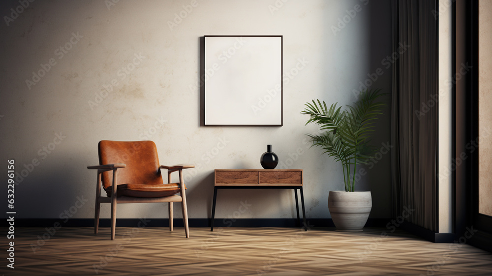 Generative AI, Poster frame mockup in beige and brown living room interior, wabi sabi minimalism style Generative AI, Poster frame mockup in beige and brown living room interior, wabi sabi minimalism style