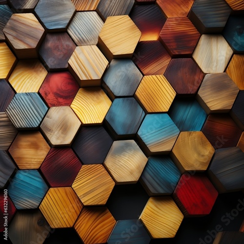 abstract wooden seamless hexagonal mosaic tiles background with hexagons cubes in wooden texture generative ai