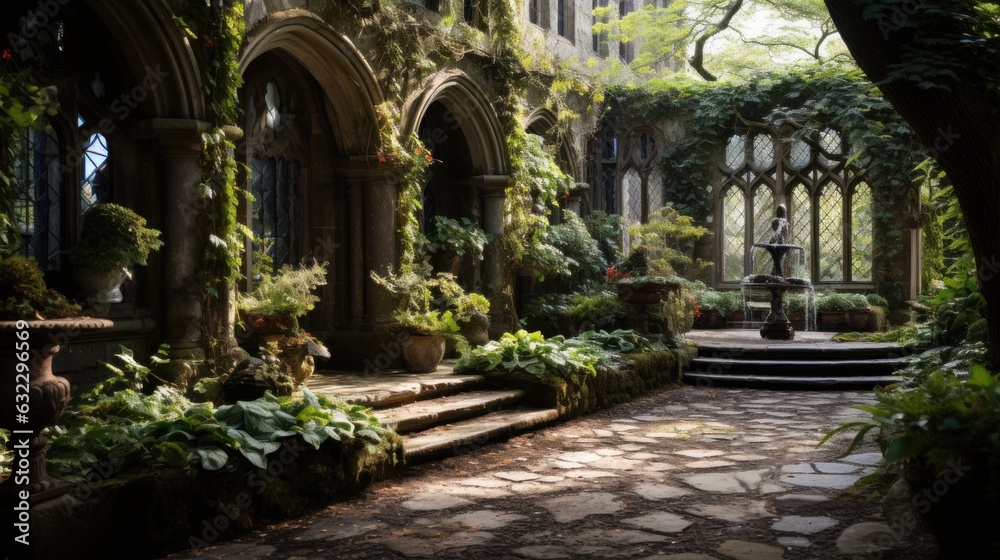 Beautiful gothic garden incircled by the guard wall of an immense manor, intricate details, giant yew tree in the center, in the style of victorian age, midnight scene,