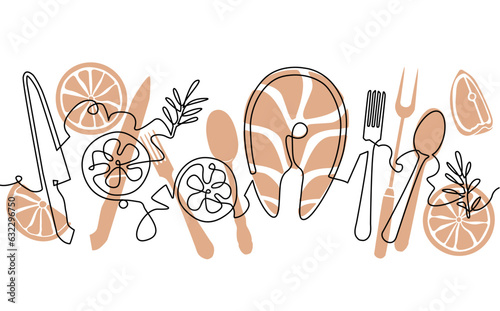 Background with Salmon steak, slices of lemon, rosemary and kitchen utensils. Vector illustration.