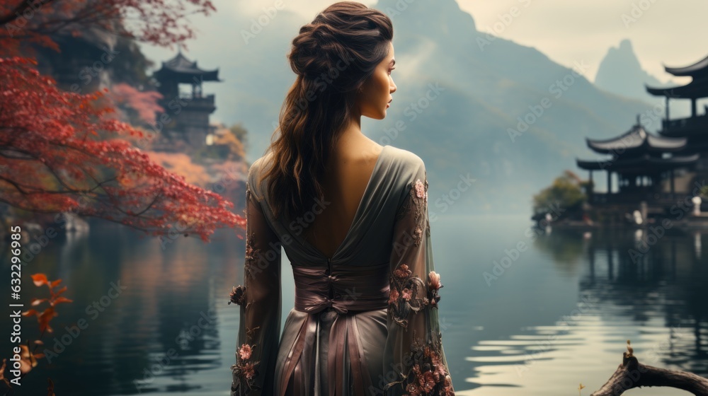 At dawn, a beautiful young woman seen from the back, walking to a pagode on a beautiful lake in China, ultrarealistic photography,