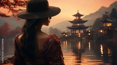 At dawn, a beautiful young woman seen from the back, walking to a pagode on a beautiful lake in China, ultrarealistic photography, photo