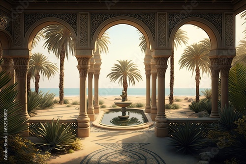 Arab Palace Sea View, Grand Hamam, Hotel, Luxurious Oriental Interiors, Abstract Generative AI Illustration photo