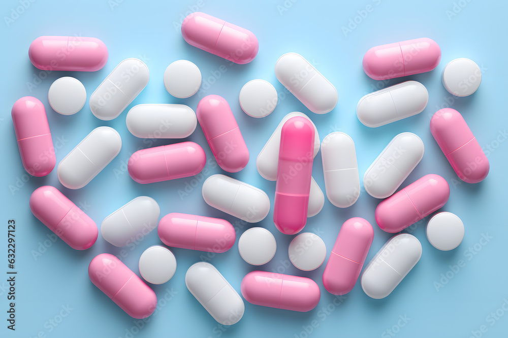 White, pink and sky-blue color pills 3d illustration background