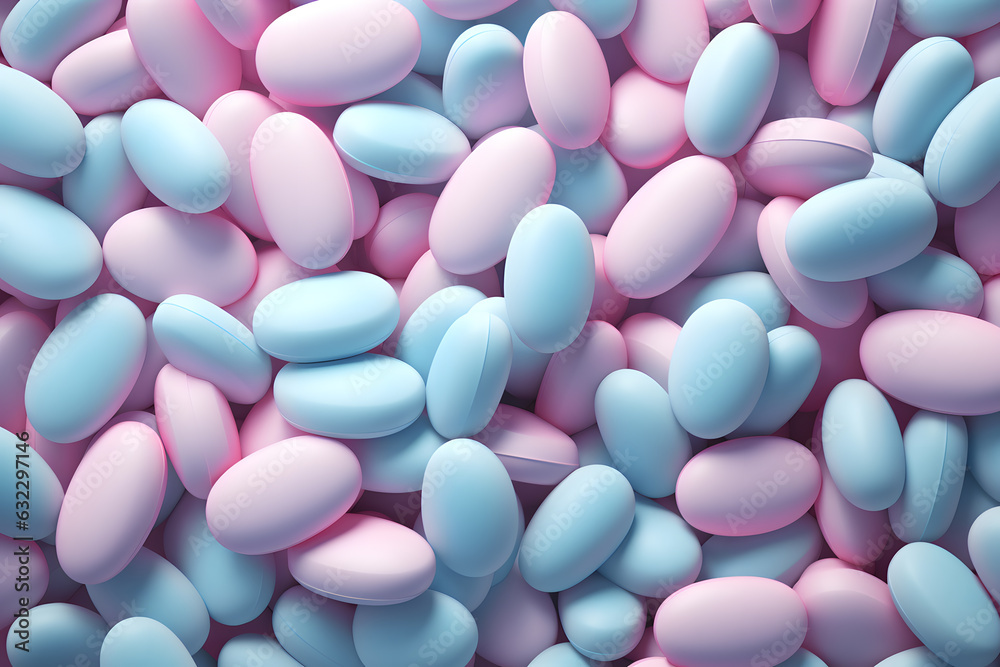 White, pink and sky-blue color pills 3d illustration background