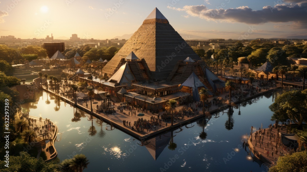 An ariel image of ancient Egypt when it was a vibrant city, the pyramids are white and sharp, the top of the pyramid is made of gold, gold cap, street markets, palm trees, nile river,