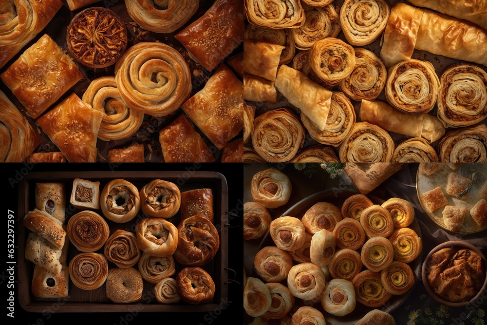 Turkish Burek, Traditional Borek, Homemade Boureki Feta Bun, Abstract Generative AI Illustration