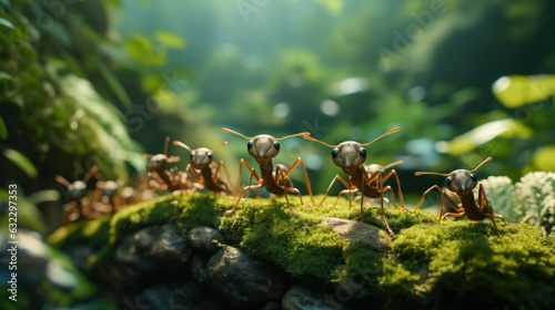 An army of ants marched bravely on the green grass, carrying food on their backs and forming a neat team tacitly. 