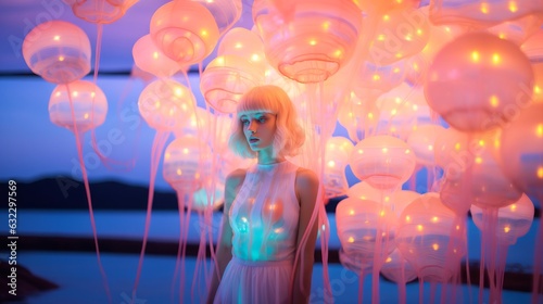 A surreal portrait of a beautiful woman standing in front of a mesmerizing array of glowing jellyfish and balloons illuminated by a soft, ethereal light. Blooming, iridescent, dark, mystic, dreamy. photo