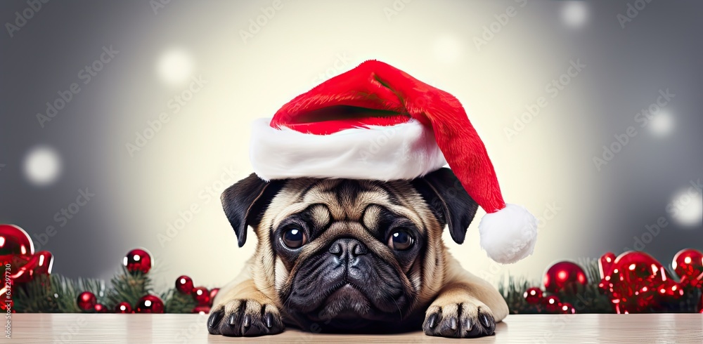 Cute pug dog breed wearing in santa hat created with Generative AI ...