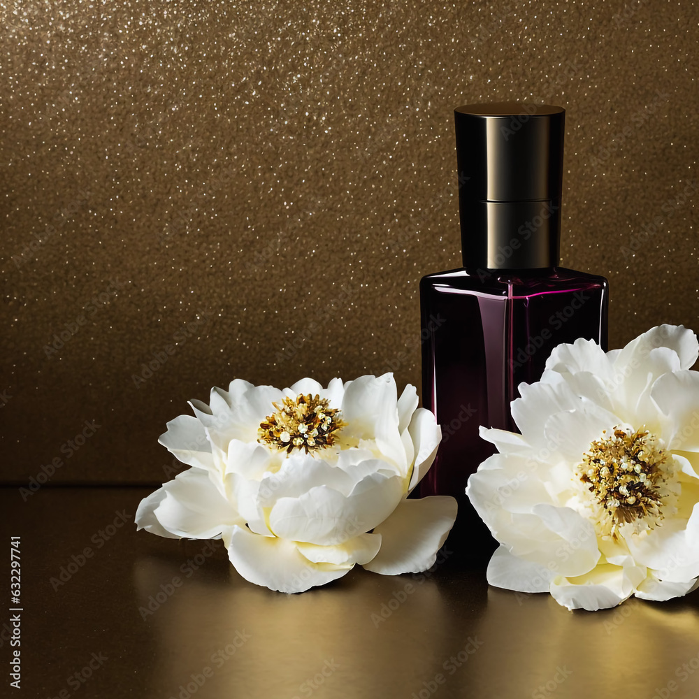 White peonies on a shimmering gold background and a dark glass perfume bottle White peonies on a shimmering gold background and a dark glass perfume bottle