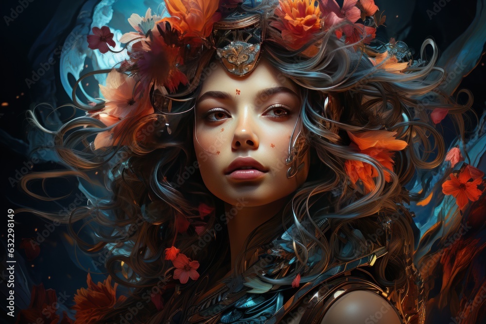 oil painting on canvas of a young woman with floral motifs in her hair