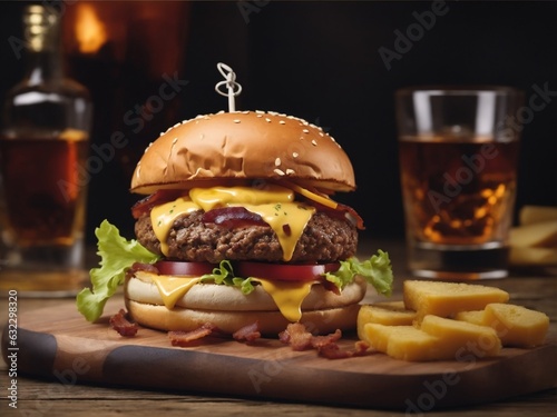 A delicious triple meat burger with bacon and yellow cheese, accompanied with a glass of whiskey on the table Generative AI photo