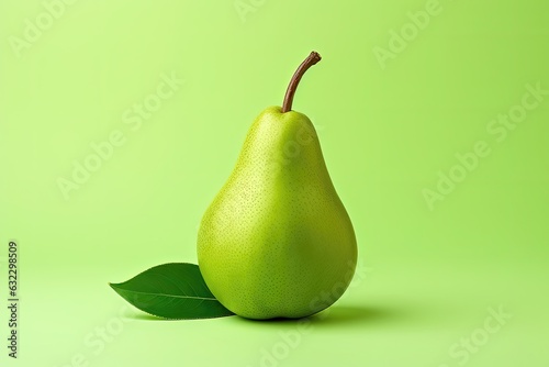 Green pear with leaf on green background. Concept of healthy eating