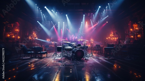 A stage set up indoors for the band to perform. Variety shows, no people, stage lighting, exquisite, no cars, Center the composition, octane render