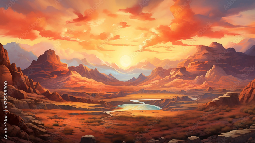 Naklejka premium A painting of a colorful mountain range at sunrise, balance and harmony, earthy color palettes, ultra detailed. Large canvas painting.Orange landscape wall art. Created using generative AI
