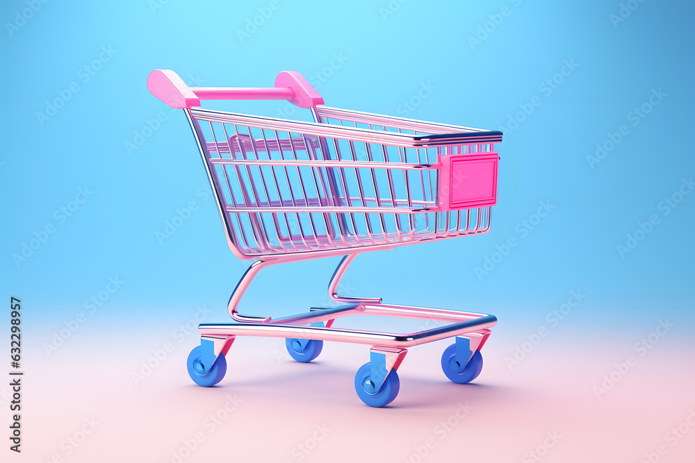 3d illustration of shopping cart isolated on  light sky-blue background