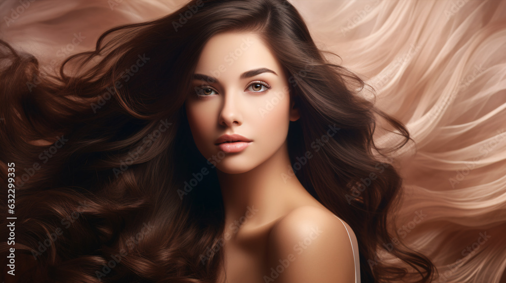 Portrait of a beautiful brunette woman with long wavy hair. Copy space banner Portrait of a beautiful brunette woman with long wavy hair. Copy space banner