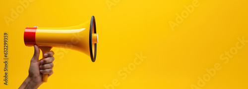 Generative AI, megaphone in hand on a empty yellow background, panoramic image with copy space photo