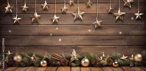 Christmas decorations on a brown wood background with copy space. Pine cones  garland  berries and pine branches created with Generative AI technology