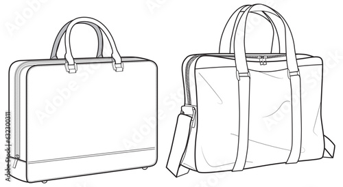 Set of business Briefcase bag flat sketch fashion illustration drawing template mock up, Lockable Silver Aluminum hard shell Holdall briefcase bag cad drawing. work briefcase bag flat sketch vector