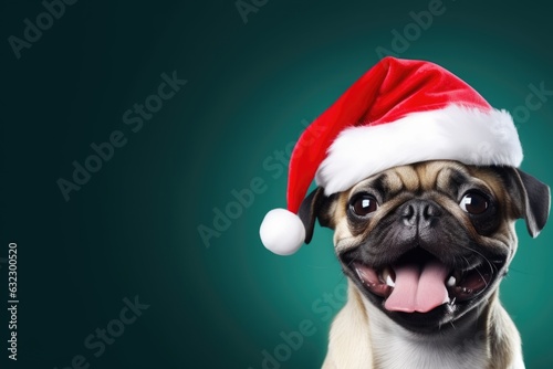 cute dog wearing santa hat on green background, AI Generated © dark_blade