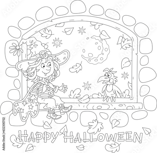 Happy Halloween little witch sitting on a windowsill of an open window and talking to a funny black crow on a mysterious dark autumn night, black and white vector cartoon illustration
